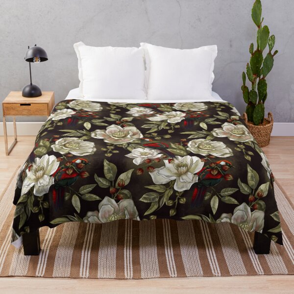 Item preview, Beautiful floral dark pattern background with tropical japanese flowers, wisteria, magnolia, birds, finches. designed and sold by Dobrix.
