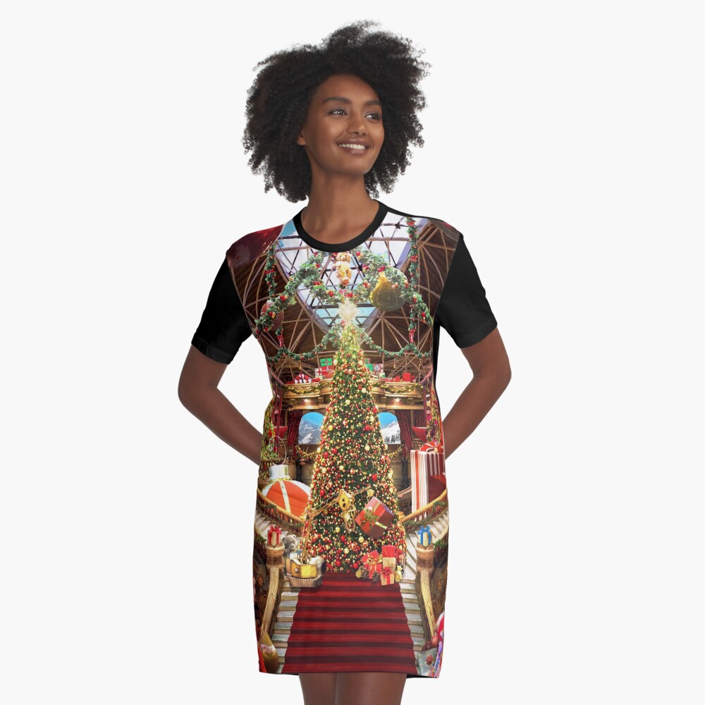 Santas Workshop - Christmas Holiday Art Graphic T-Shirt Dress
