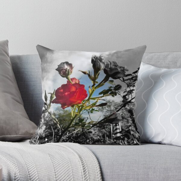 Red Rose with Black and White American Flag Nature Background Throw Pillow