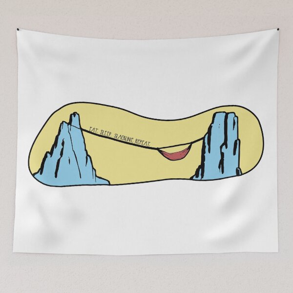 Item preview, Eat. Sleep. Slackline. Repeat landscape with hammock hanged high above the ground designed and sold by Tolarlei.