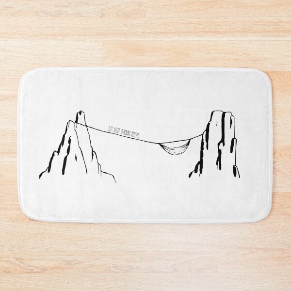 Item preview, Eat. Sleep. Slackline. Repeat landscape with hammock hanged high above the ground, black linework designed and sold by Tolarlei.