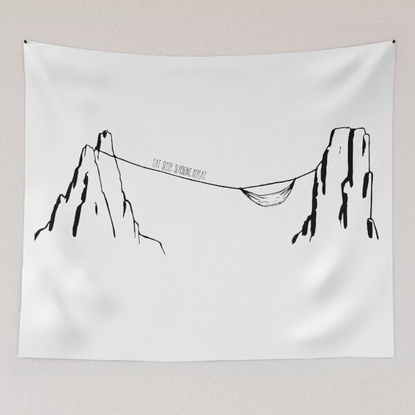 Item preview, Eat. Sleep. Slackline. Repeat landscape with hammock hanged high above the ground, black linework designed and sold by Tolarlei.