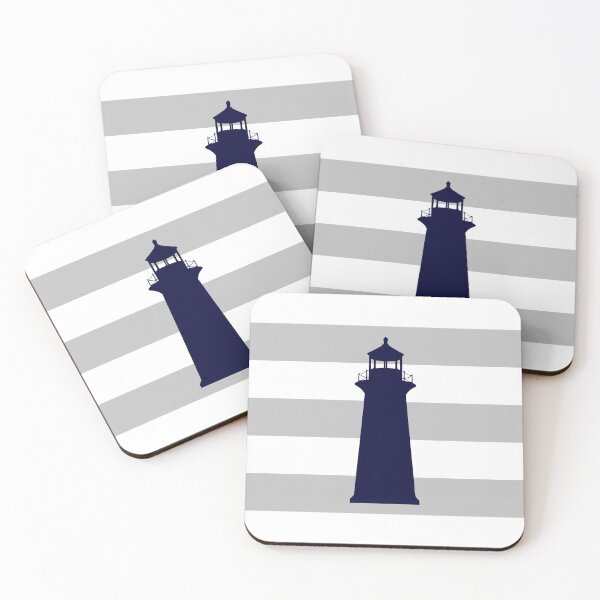 Item preview, Nautical Navy Blue Lighthouse On Silver Gray Stripes designed and sold by rewstudio.