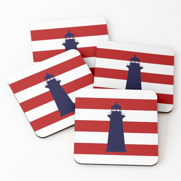 Item preview, Nautical Navy Blue Lighthouse On Red Stripes designed and sold by rewstudio.