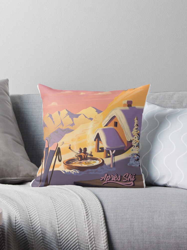 Thumbnail 1 of 3, Throw Pillow, Apres Ski Retro Winter Poster Art designed and sold by SFDesignstudio.
