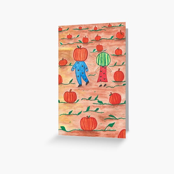 Watercolor Illustration - Pumpkin Boy and Watermelon Girl Greeting Card