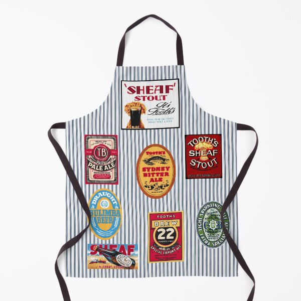 Item preview, Aussie Vintage Beer Apron on old fashioned Butcher striped background designed and sold by Kathie Nichols.