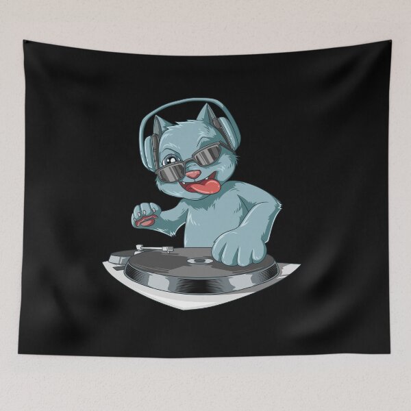 Item preview, DJ Cat with headphones at the turntables designed and sold by melomedia.