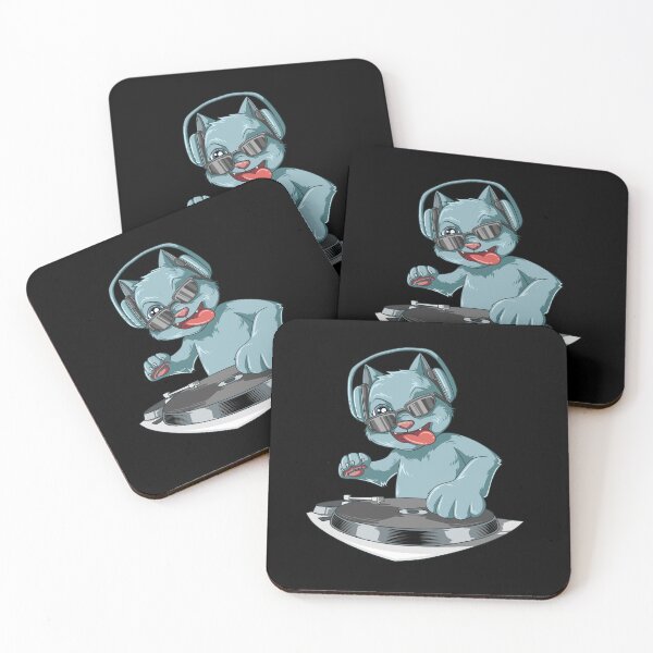 Item preview, DJ Cat with headphones at the turntables designed and sold by melomedia.
