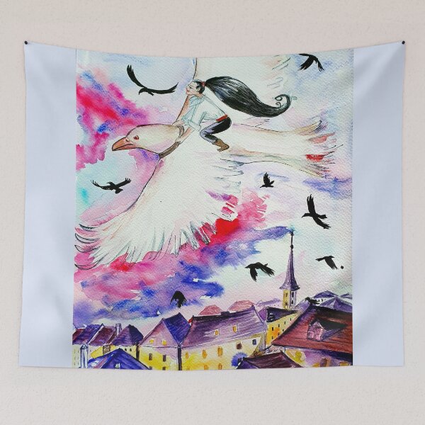 Item preview, Urban steampunk fairies riding the crows watercolor #2 designed and sold by orangerinka.