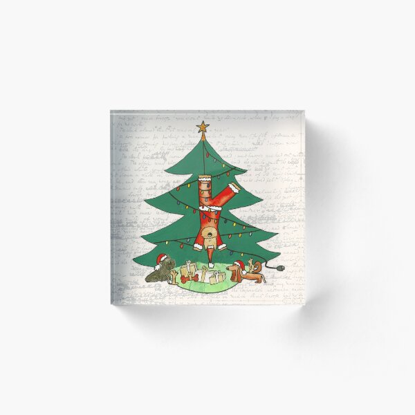 Funny Christmas Dog Painting - Santa Claus Hanging from a Christmas Tree Acrylic Block