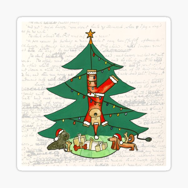 Funny Christmas Dog Painting - Santa Claus Hanging from a Christmas Tree Sticker