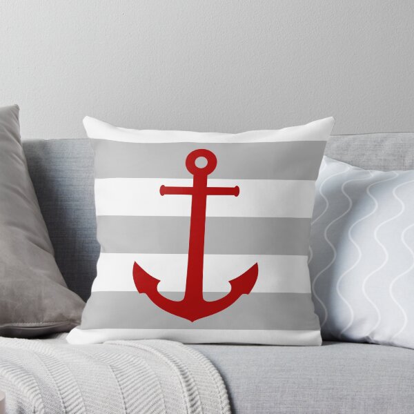 Item preview, Nautical Red Anchor On Silver Gray Stripes designed and sold by rewstudio.
