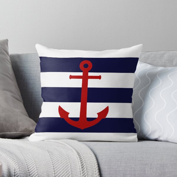 Nautical Red Anchor On Navy Blue Stripes Throw Pillow