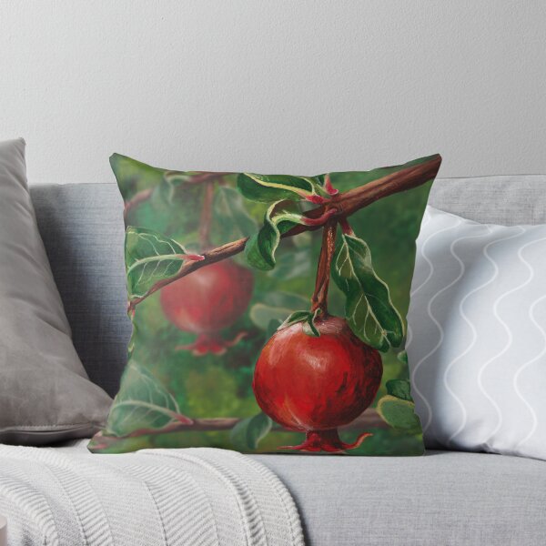 Item preview, Hand Painted Red Pomegranate Fruit with Green Leaf Background designed and sold by The Stag's Head Studio.