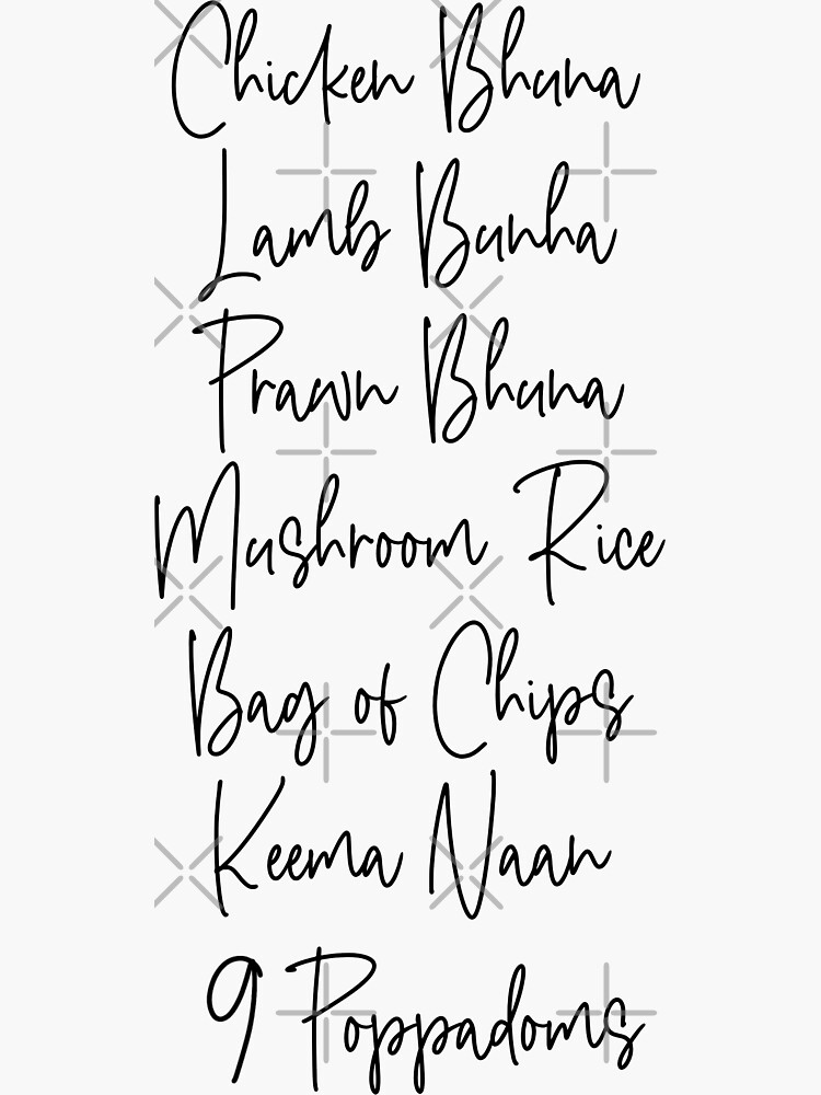 "Smithy's Indian Order Chicken bhuna, lamb bhuna, prawn bhuna, mushroom rice, bag of chips