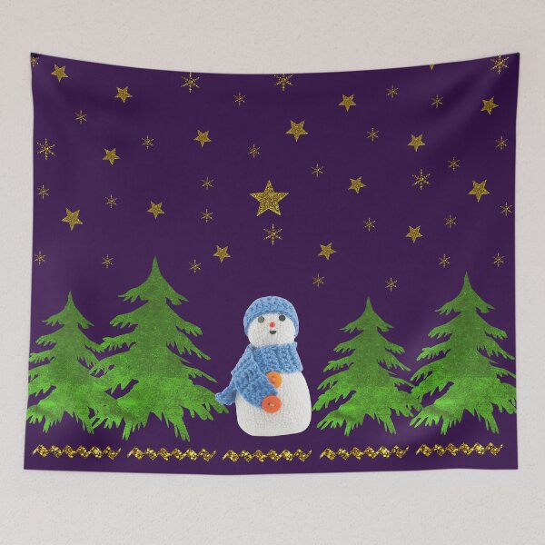 Item preview, Sparkly gold stars, snowman and green tree on purple designed and sold by homemadecreate.