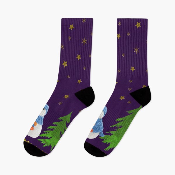 Item preview, Sparkly gold stars, snowman and green tree on purple designed and sold by homemadecreate.