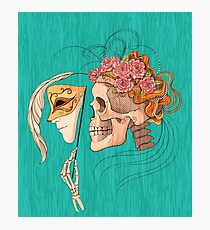 illustration with skull holding a human face mask Photographic Print