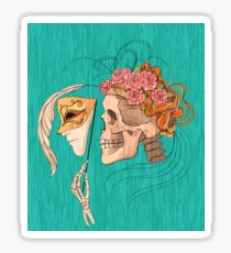 illustration with skull holding a human face mask Sticker