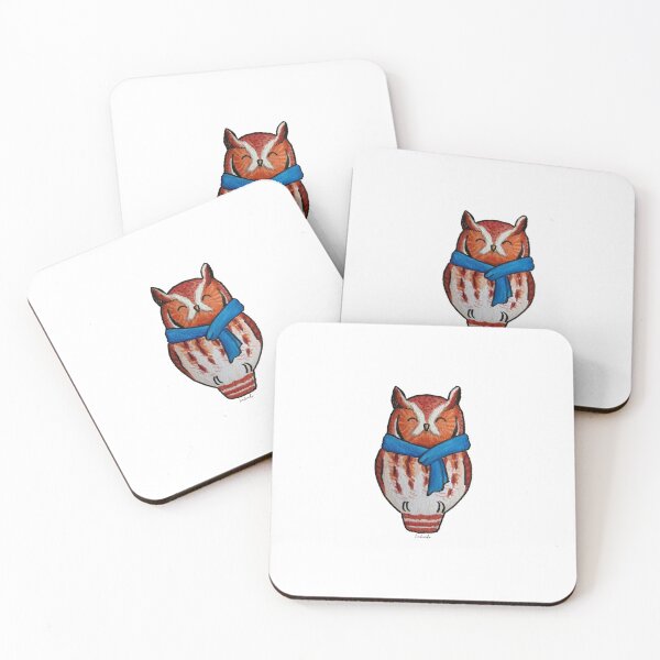 Item preview, Cute Red Eastern Screech Owl with Blue Scarf - Winter Holiday Christmas Owls Bird Cartoon - Hand-drawn Acrylic Painting designed and sold by linbirds.