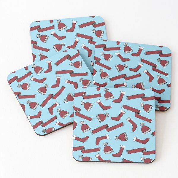 Item preview, Winter Christmas pattern with bright red scarves, Santa boots and caps on blue background designed and sold by Zhenchuzhynka.