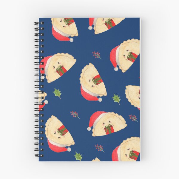 Item preview, Adorable cute Christmas pierogi dumplings in Santa hat holding a present on navy background designed and sold by littlebluefawn.