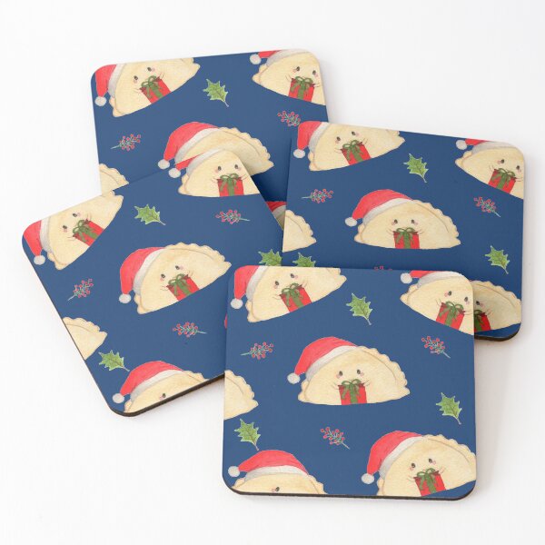 Item preview, Adorable cute Christmas pierogi dumplings in Santa hat holding a present on navy background designed and sold by littlebluefawn.