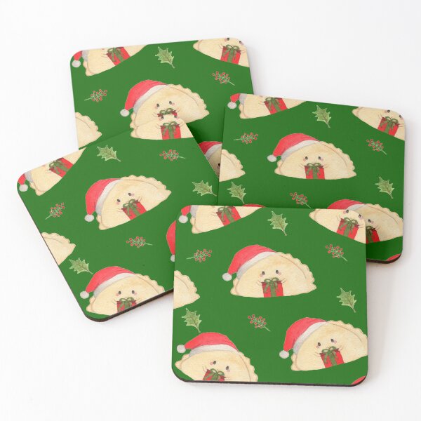 Item preview, Adorable cute Christmas pierogi dumplings in Santa hat holding a present on green background designed and sold by littlebluefawn.