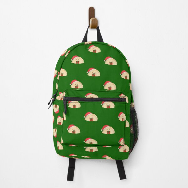 Item preview, Adorable cute Christmas pierogi dumplings in Santa hat holding a present on green background designed and sold by littlebluefawn.