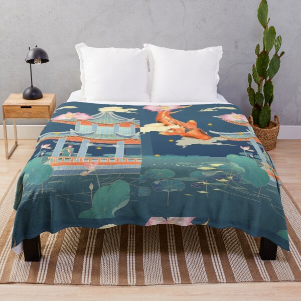 Item preview, Pink Lotus Flower and Koi Fish Pond Temple in Summer Fantasy Oriental Painting designed and sold by Wangfu-tees.
