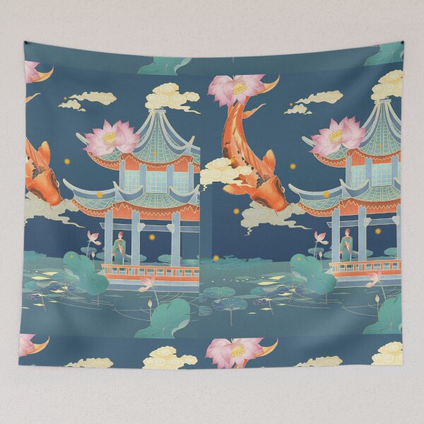 Item preview, Pink Lotus Flower and Koi Fish Pond Temple in Summer Fantasy Oriental Painting designed and sold by Wangfu-tees.