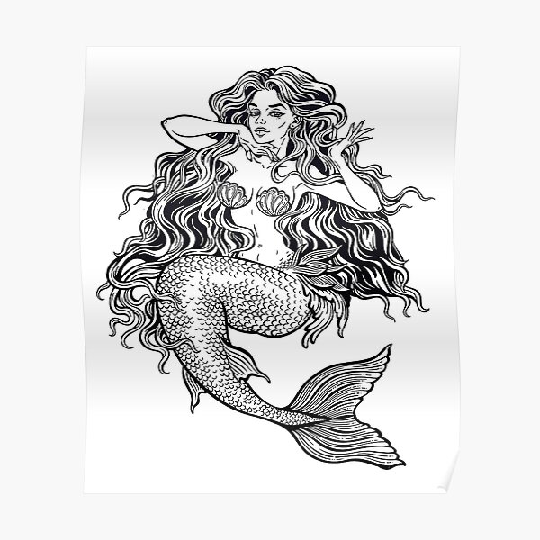 Canvas Print Beautiful hand drawn illustration with mermaid. Charming fairy  tale girl with long hair and fish tail. It can be used for printing on  t-shirts, postcards, or used as ideas for