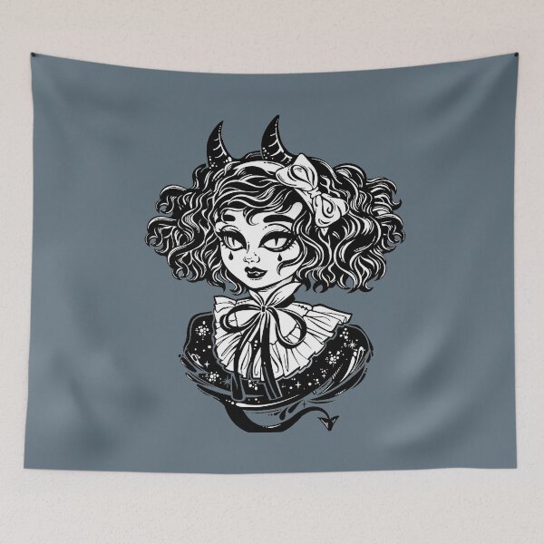 Item preview, Gothic Victorian demonic girl head portrait with imp horns and curly hair and strange eyes designed and sold by ExocetMerch.