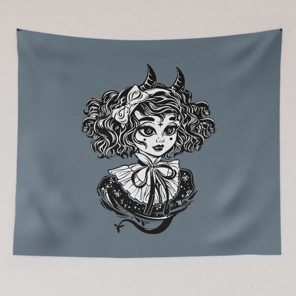 Item preview, Gothic Victorian demonic girl head portrait with imp horns and curly hair and strange eyes designed and sold by ExocetMerch.