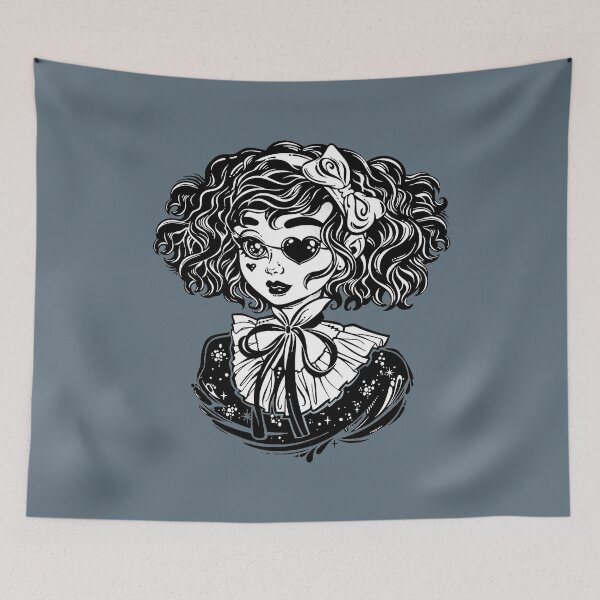 Item preview, Gothic Victorian kawaii girl head portrait with heart shaped eye patch and curly hair designed and sold by ExocetMerch.