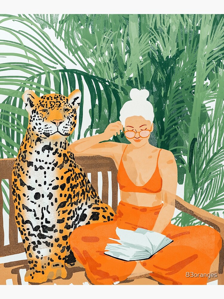 Jungle Vacay, Tropical Nature Painting, Woman & Wildlife, Tiger Cheetah Palms Illustration, Wild Cat Blonde Fashion by 83oranges