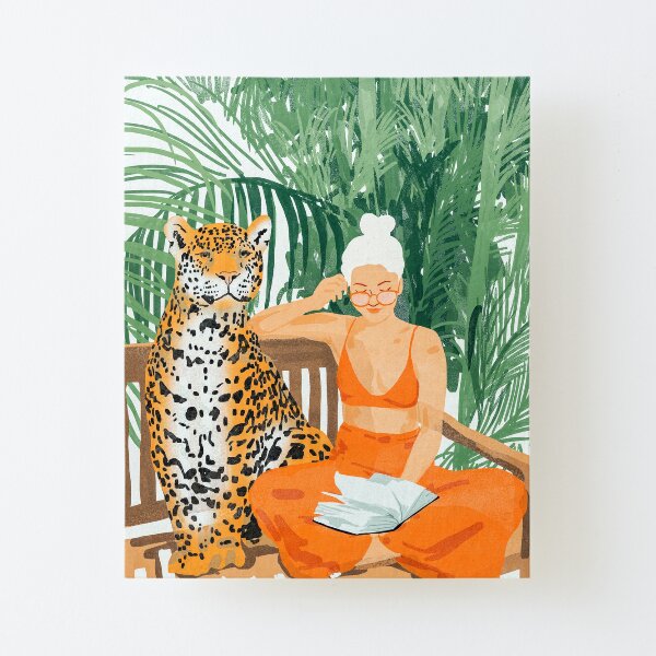 Jungle Vacay, Tropical Nature Painting, Woman & Wildlife, Tiger Cheetah Palms Illustration, Wild Cat Blonde Fashion Canvas Mounted Print