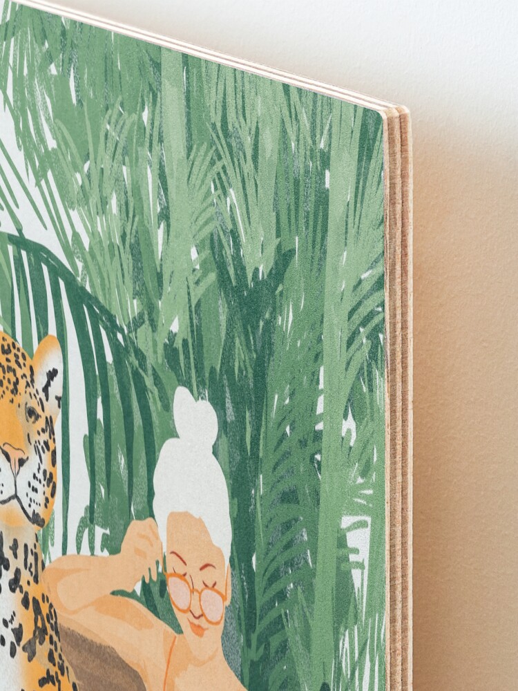Alternate view of Jungle Vacay, Tropical Nature Painting, Woman & Wildlife, Tiger Cheetah Palms Illustration, Wild Cat Blonde Fashion Mounted Print
