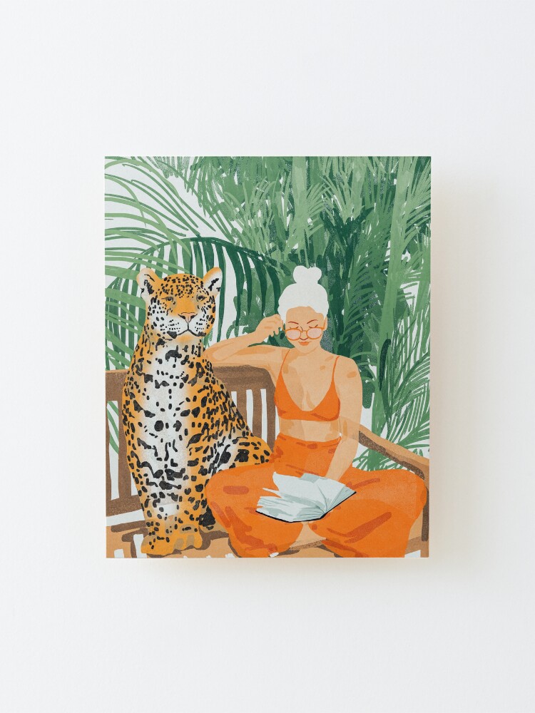 Alternate view of Jungle Vacay, Tropical Nature Painting, Woman & Wildlife, Tiger Cheetah Palms Illustration, Wild Cat Blonde Fashion Mounted Print