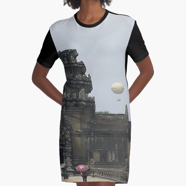 Angkor Wat with Parachute in cambodia Design Graphic T-Shirt Dress