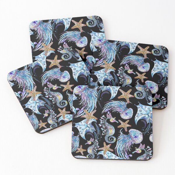 Item preview, Watercolor Pattern with Sea Animals on black designed and sold by kisikoida.
