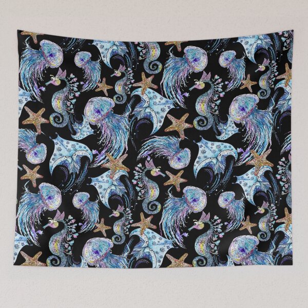 Item preview, Watercolor Pattern with Sea Animals on black designed and sold by kisikoida.
