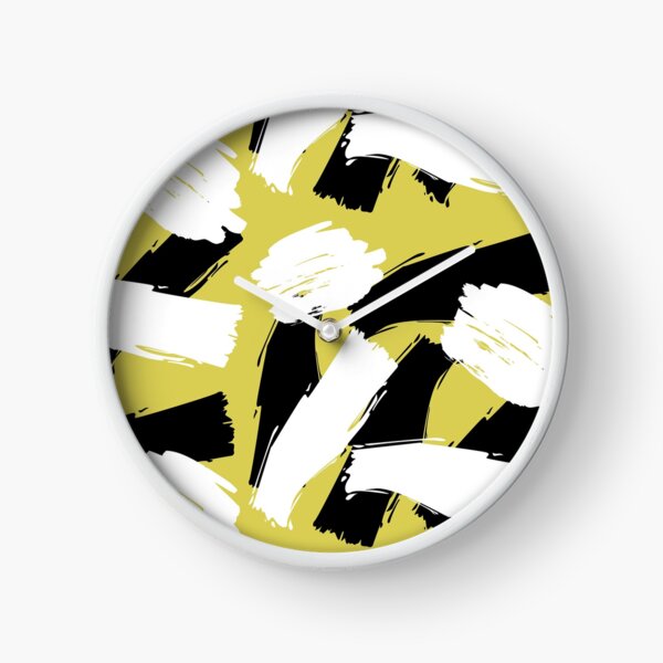 Black and White Mid Century Modern Paint Stripes Yellow Clock