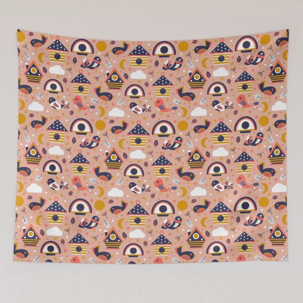 Aperçu de l'œuvre Motif géométrique d'oiseaux et de nichoirs sur beige créée et vendue par Simplulina.