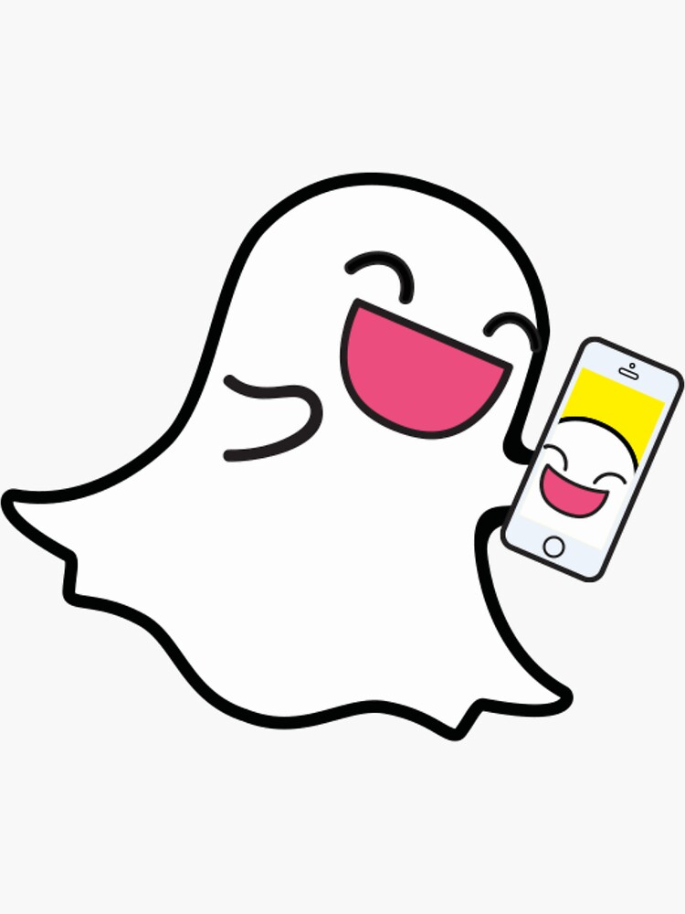 "Happy Snapchat Ghost Cartoon Holding Phone" Sticker for Sale by