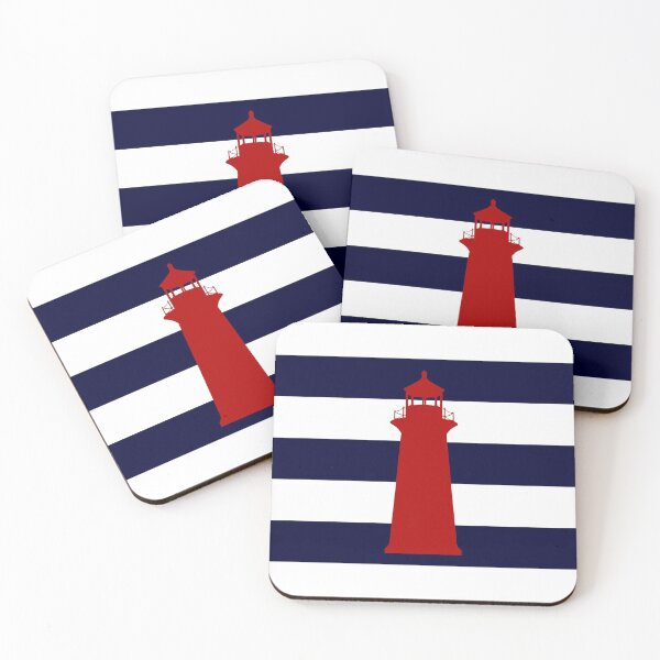 Item preview, Nautical Red Lighthouse On Navy Blue Stripes designed and sold by rewstudio.