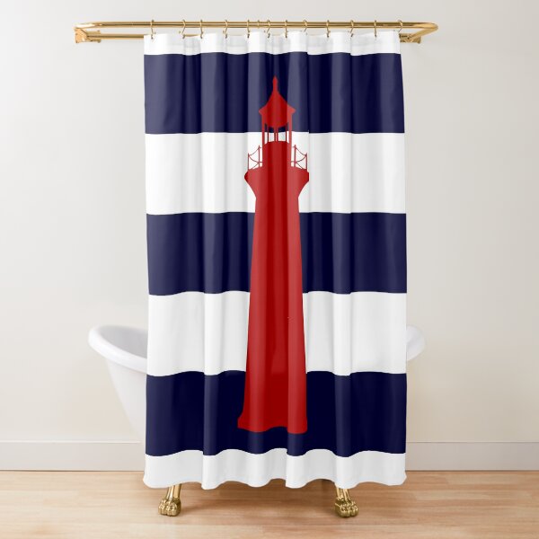 Nautical Red Lighthouse On Navy Blue Stripes Shower Curtain