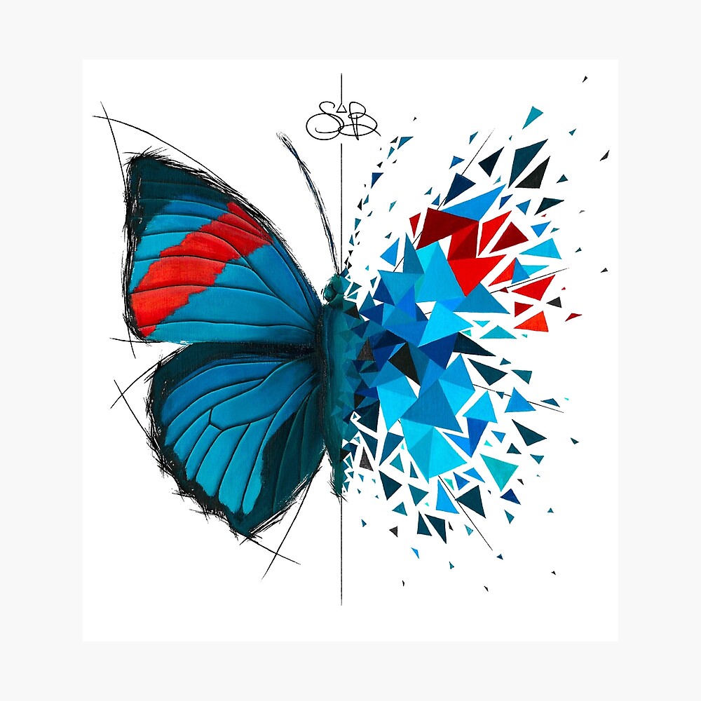 Blue and red butterfly effect geometric explosion