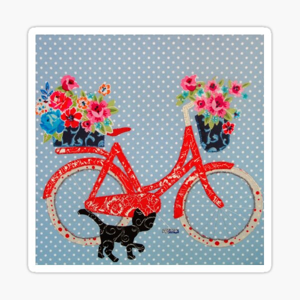 Red bike with black cat and flowers Sticker